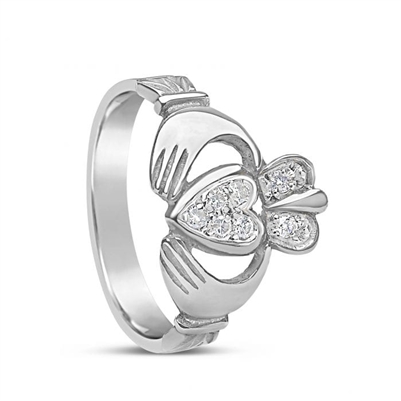 10k White Gold Pavee Diamond Claddagh Ring 13.4mm