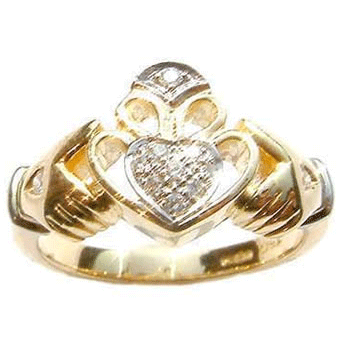 14k Yellow Gold Ladies Pave Diamond Claddagh Ring